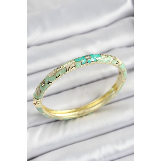 Mineli Pirinç Yeşil Çiçek Motifli Kadın Kelepçe - TJ-BB7167