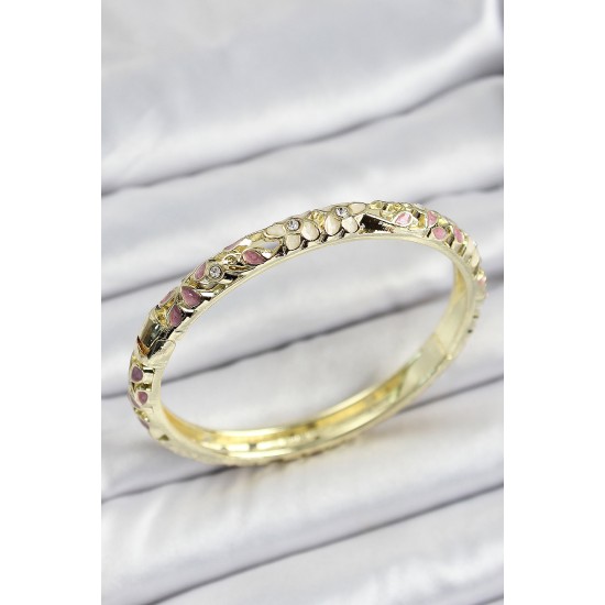 Mineli Pirinç Gold Renk Pembe Çiçek Desen Motifli Kadın Kelepçe - TJ-BB7165