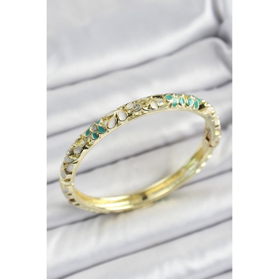 Mineli Pirinç Yeşil Çiçek Desen Motifli Kadın Kelepçe - TJ-BB7164