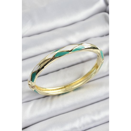 Mineli Pirinç Yeşil Beyaz Geometrik Desenli Kadın Kelepçe - TJ-BB7162