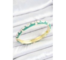 Mineli Pirinç Beyaz Yeşil Çiçek Desenli Gold Renk Kadın Kelepçe - TJ-BB7122