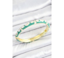 Mineli Pirinç Beyaz Yeşil Çiçek Desenli Gold Renk Kadın Kelepçe - TJ-BB7122