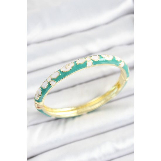 Mineli Pirinç Beyaz Yeşil Çiçek Desenli Gold Renk Kadın Kelepçe - TJ-BB7122