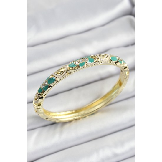 Mineli Pirinç Gold Renk Yeşil Çiçek Desenli Kadın Kelepçe - TJ-BB7156