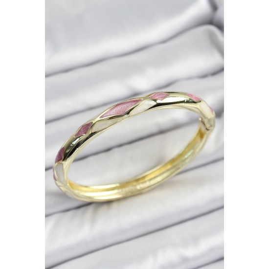 Mineli Pirinç Pembe Beyaz Geometrik Motifli Kadın Kelepçe - TJ-BB7155