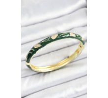 Mineli Pirinç Gold Renk Yeşil Çiçek Motifli Kadın Kelepçe - TJ-BB7149