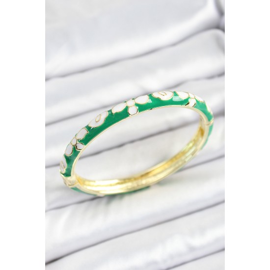 Mineli Pirinç Beyaz Yeşil Çiçek Desenli Gold Renk Kadın Kelepçe - TJ-BB7132