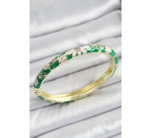 Mineli Pirinç Gold Renk Yeşil Çiçek Desen Motifli Kadın Kelepçe - TJ-BB7140