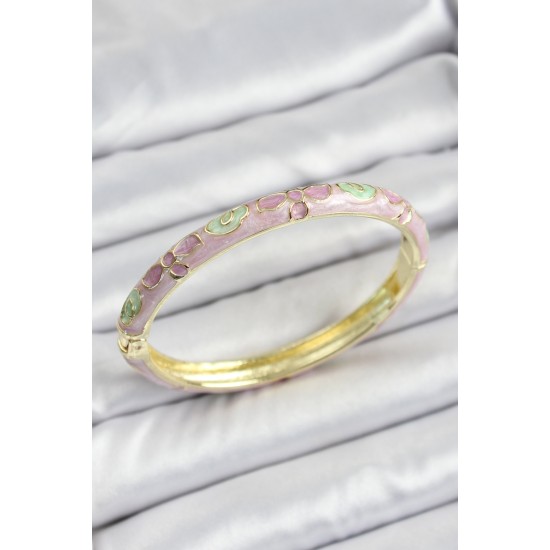 Mineli Gold Renk Pirinç Pembe Çiçek Desenli Kadın Kelepçe - TJ-BB7135