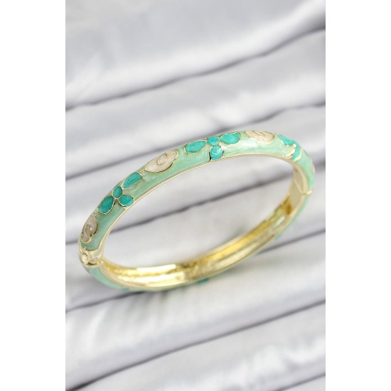 Mineli Pirinç Gold Renk Su Yeşili Çiçek Motifli Kadın Kelepçe - TJ-BB7134