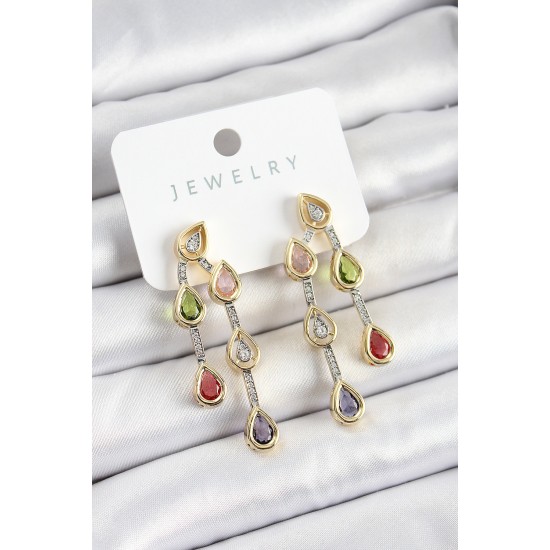 Pirinç Çoklu Damla Model Karşık Zirkon Taşlı Gold Ve Gümüş Renk Kadın Küpe - TJ-BKP10742