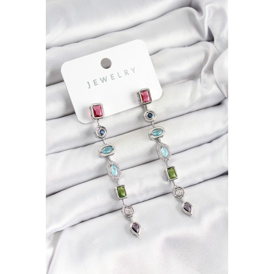 Pirinç Renkli Zirkon Taşlı Sallantılı Model Gümüş Renk Kadın Küpe - TJ-BKP10743