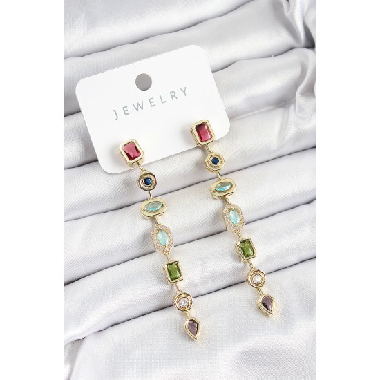 Pirinç Renkli Zirkon Taşlı Sallantılı Model Gold Renk Kadın Küpe - TJ-BKP10744