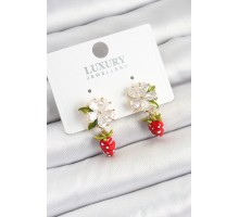 Pirinç Mineli Zirkon Taşlı Çiçek Model Sallantılı Çilek Detaylı Gold Renk Kadın Küpe - TJ-BKP10747