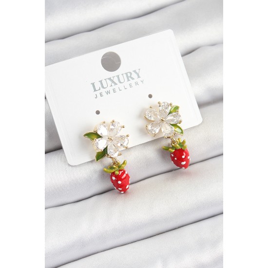 Pirinç Mineli Zirkon Taşlı Çiçek Model Sallantılı Çilek Detaylı Gold Renk Kadın Küpe - TJ-BKP10747