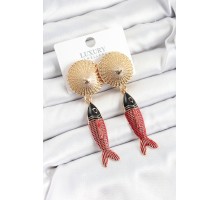 Pirinç Sallantılı Zirkon Taşlı Kırmızı Siyah Balık Model Gold Renk Kadın Küpe - TJ-BKP10751