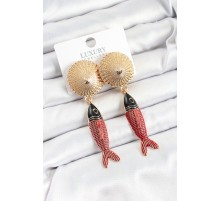 Pirinç Sallantılı Zirkon Taşlı Kırmızı Siyah Balık Model Gold Renk Kadın Küpe - TJ-BKP10751