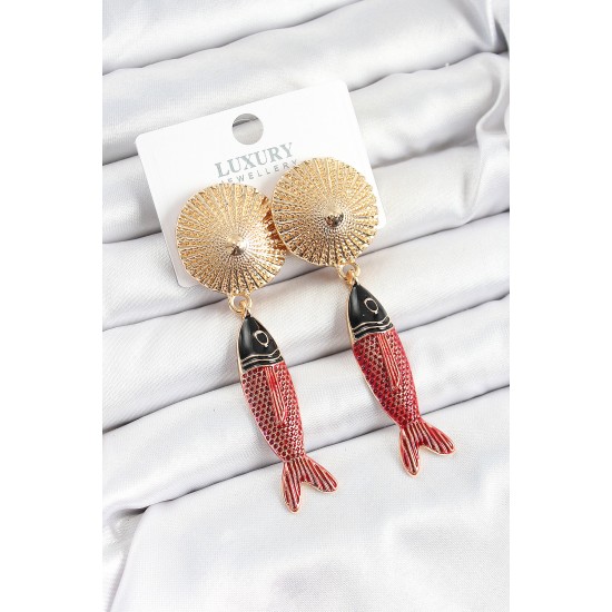 Pirinç Sallantılı Zirkon Taşlı Kırmızı Siyah Balık Model Gold Renk Kadın Küpe - TJ-BKP10751