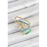 Pirinç Zirkon Taşlı Mavi Yeşil Sıkıştırma Sağ Kıkırdak Gold Renk Kadın Küpe - TJ-BKP10754