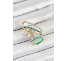 Pirinç Zirkon Taşlı Mavi Yeşil Sıkıştırma Sağ Kıkırdak Gold Renk Kadın Küpe - TJ-BKP10754