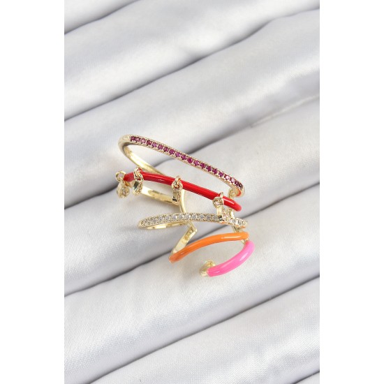 Pirinç Zirkon Taşlı Kırmızı Turuncu Pembe Sıkıştırma Sağ Kıkırdak Gold Renk Kadın Küpe - TJ-BKP10755