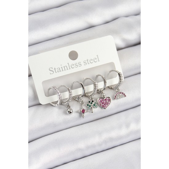 Pirinç Zirkon Taşlı Karpuz Yonca Kalp Pusula Karışık Model Gümüş Renk 6'lı Set Kadın Küpe - TJ-BKP10757