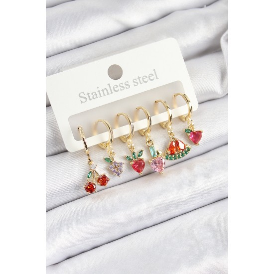 Pirinç Zirkon Taşlı Meyve Temalı Karışık Model Gold Renk 6'lı Set Kadın Küpe - TJ-BKP10762