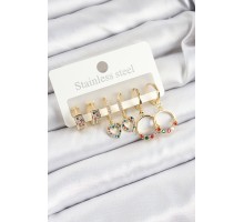 Pirinç Zirkon Taşlı Kalp Ve Halka Model Gold Renk 6'lı Set Kadın Küpe - TJ-BKP10761