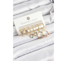 Pirinç Zirkon Taşlı Kalp Ve Halka Model Gold Renk 6'lı Set Kadın Küpe - TJ-BKP10761