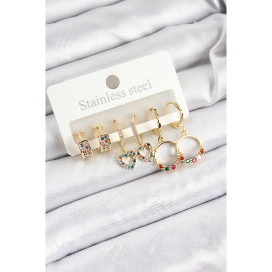 Pirinç Zirkon Taşlı Kalp Ve Halka Model Gold Renk 6'lı Set Kadın Küpe - TJ-BKP10761