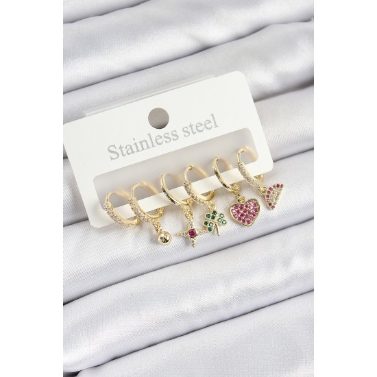 Pirinç Zirkon Taşlı Karpuz Yonca Kalp Pusula Karışık Model Gold Renk 6'lı Set Kadın Küpe - TJ-BKP10760