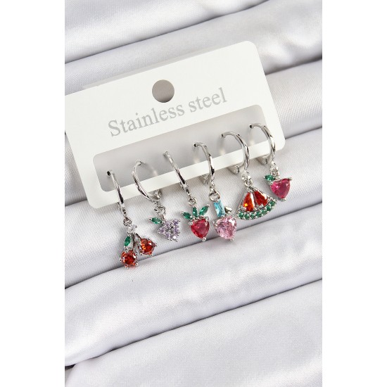 Pirinç Zirkon Taşlı Karpuz Yonca Kalp Pusula Karışık Model Gümüş Renk 6'lı Set Kadın Küpe - TJ-BKP10759
