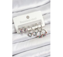 Pirinç Zirkon Taşlı Kalp Ve Halka Model Gold Renk 6'lı Set Kadın Küpe - TJ-BKP10758