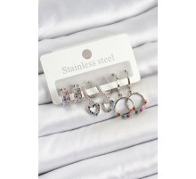 Pirinç Zirkon Taşlı Kalp Ve Halka Model Gold Renk 6'lı Set Kadın Küpe - TJ-BKP10758