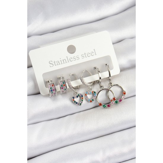 Pirinç Zirkon Taşlı Kalp Ve Halka Model Gold Renk 6'lı Set Kadın Küpe - TJ-BKP10758