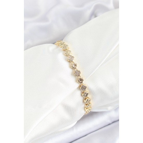 Pirinç Yonca Model Zirkon Taşlı Gold Renk VİP Seri Kadın Bileklik - TJ-BB7201