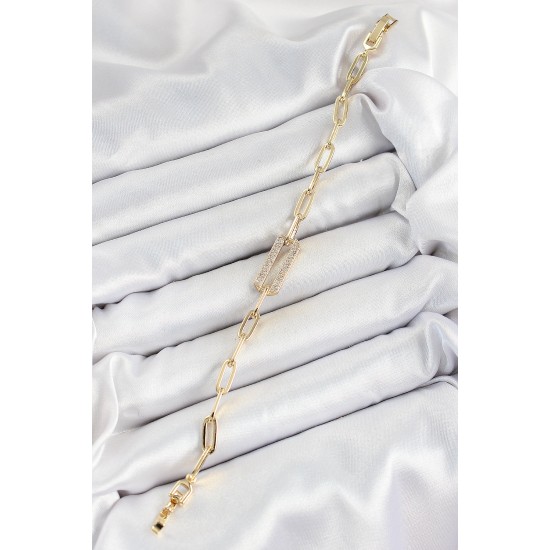 Pirinç  Dikdörtgen Model Zirkon Taşlı Gold Renk VİP Seri Kadın Bileklik - TJ-BB7202