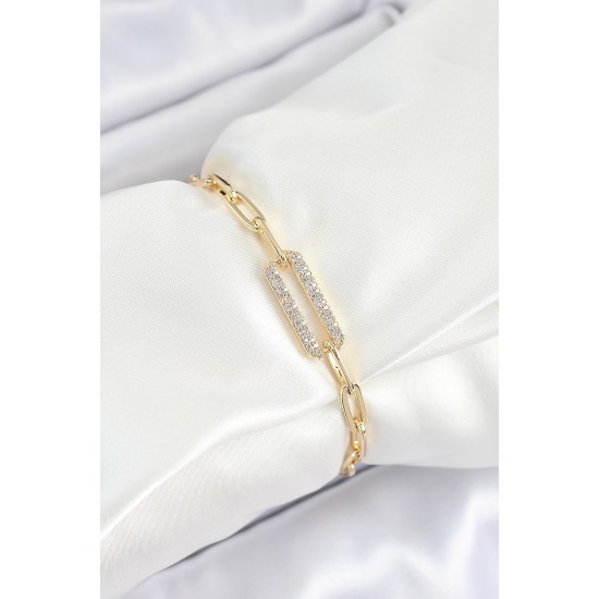Pirinç  Dikdörtgen Model Zirkon Taşlı Gold Renk VİP Seri Kadın Bileklik - TJ-BB7202