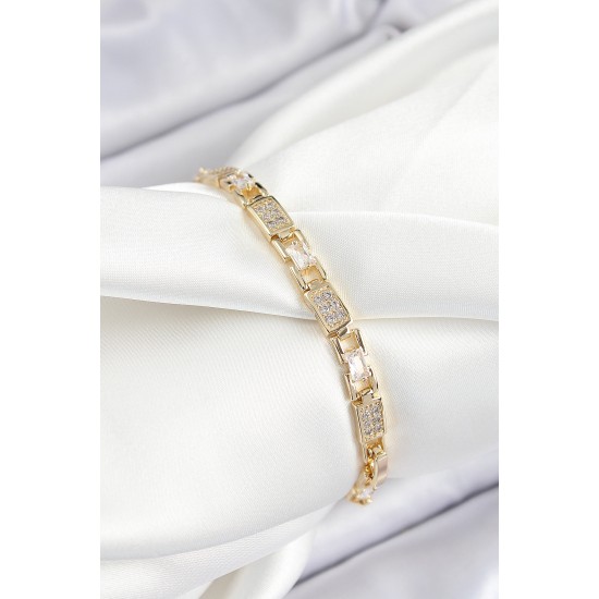Pirinç Zincir Model Zirkon Taşlı Gold Renk VİP Seri Kadın Bileklik - TJ-BB7204
