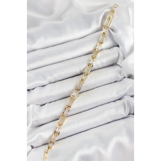 Pirinç Zincir Model Zirkon Taşlı Gold Renk VİP Seri Kadın Bileklik - TJ-BB7204