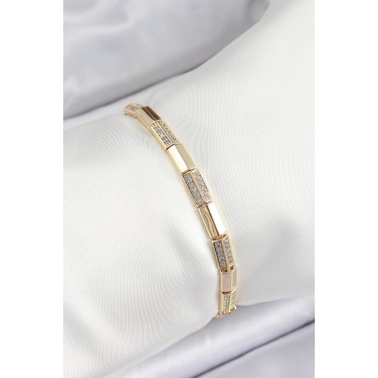 Pirinç Dikdörtgen Model Zirkon Taşlı Gold Renk VİP Seri Kadın Bileklik - TJ-BB7205