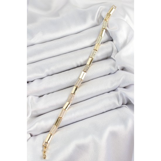 Pirinç Dikdörtgen Model Zirkon Taşlı Gold Renk VİP Seri Kadın Bileklik - TJ-BB7205