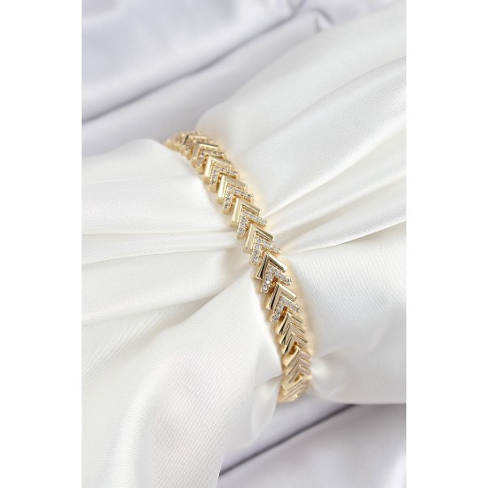 Pirinç Sıralı Ok Model Zirkon Taşlı Gold Renk VİP Seri Kadın Bileklik - TJ-BB7206