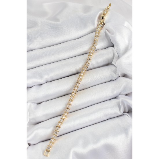 Pirinç Sıralı Çit Model Zirkon Taşlı Gold Renk VİP Seri Kadın Bileklik - TJ-BB7207