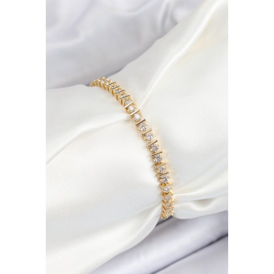 Pirinç Sıralı Çit Model Zirkon Taşlı Gold Renk VİP Seri Kadın Bileklik - TJ-BB7207