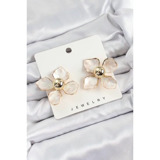 Pirinç Kırkık Beyaz Çiçek Vintage Model Gold Renk Kadın Küpe - TJ-BKP10772