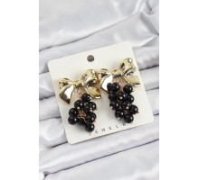 Pirinç Sallantılı Siyah Boncuklu Fiyonk Vintage Model Gold Renk Kadın Küpe - TJ-BKP10775