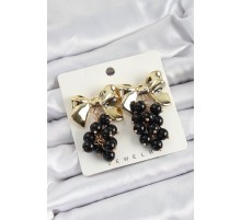 Pirinç Sallantılı Siyah Boncuklu Fiyonk Vintage Model Gold Renk Kadın Küpe - TJ-BKP10775