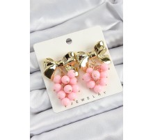 Pirinç Sallantılı Pembe Boncuklu Fiyonk Vintage Model Gold Renk Kadın Küpe - TJ-BKP10776