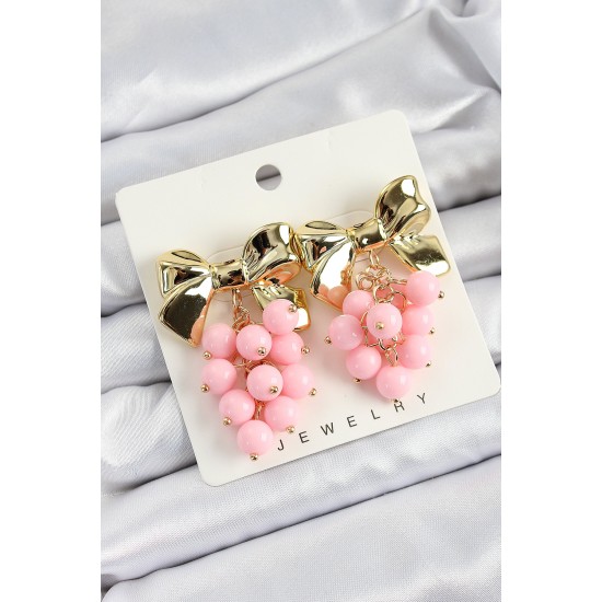 Pirinç Sallantılı Pembe Boncuklu Fiyonk Vintage Model Gold Renk Kadın Küpe - TJ-BKP10776